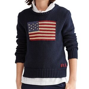 Polo Ralph Lauren Iconic American Flag Cotton Knit Sweater Navy 100% Cotton